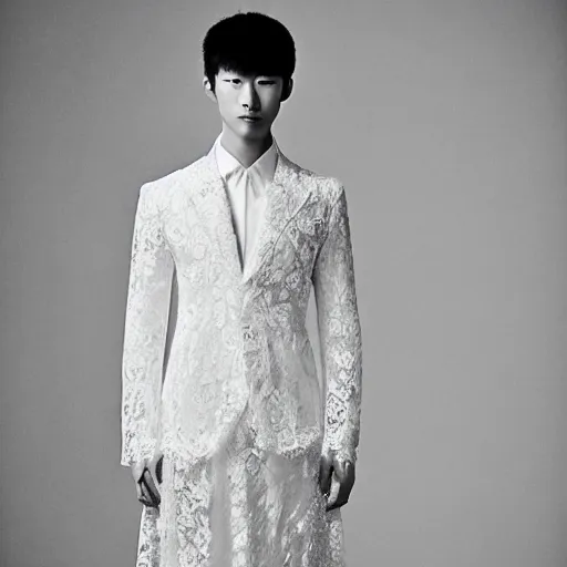 Image similar to a beautiful young korean male wearing a translucid lace wedding gown designed by alexander mcqueen, photographed by andrew thomas huang for a fashion editorial