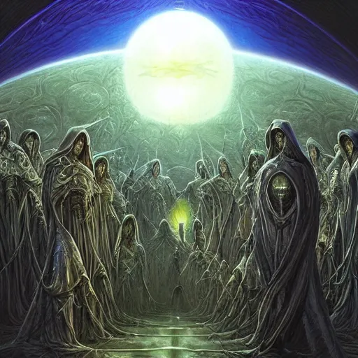 Image similar to a dark cabal of hooded elven mystics gathered in a circular formation around highly advanced alien computer technology processing the souls of the dead, dan seagrave art, michael whelan