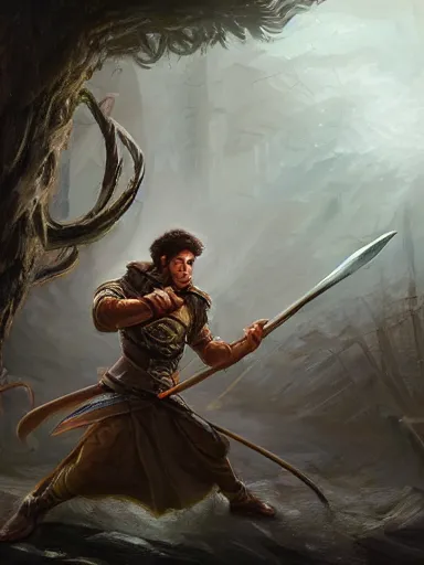 Prompt: a young man, wielding a wooden quarterstaff in a defensive fight instance. cornered by enemies. intricate, elegant, highly detailed, digital painting, artstation, concept art, sharp focus, illustration, by justin gerard and artgerm, 8 k