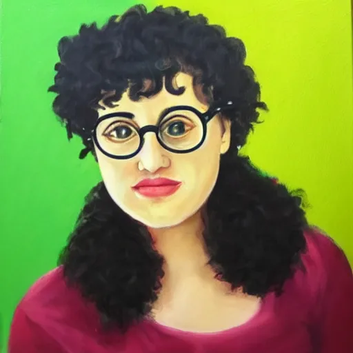 Prompt: a cute woman with curly black hair wears a green shirt, she wears harry potter glasses, oil painting