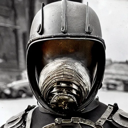 Image similar to a man wearing armor made of gasmasks, film still, arriflex 3 5