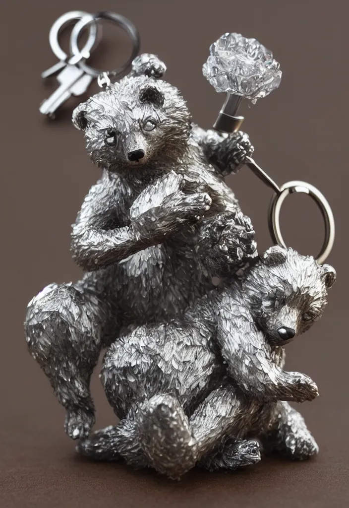 Image similar to a small cute crystal bear figurine keychain by greg rutkowski, sung choi, mitchell mohrhauser, maciej kuciara, johnson ting, maxim verehin, peter konig, 8 k photorealistic, cinematic lighting, hd, high details, dramatic, atmosphereric, trending on artstation