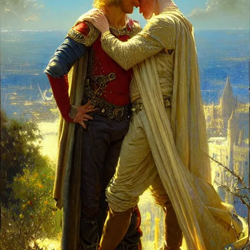 Image similar to stunning arthur pendragon in love with stunning male merlin the mage. they are close to each other, touching, looking. highly detailed painting by gaston bussiere, craig mullins, j. c. leyendecker