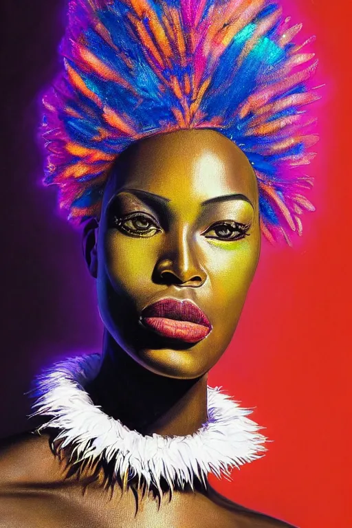 Prompt: detailed portrait of a beautiful African female with face augmentations, strong neon lighting, Afrofuturism, extravagant feathered collar, by glenn fabry, hyper realistic, HD, oil on canvas