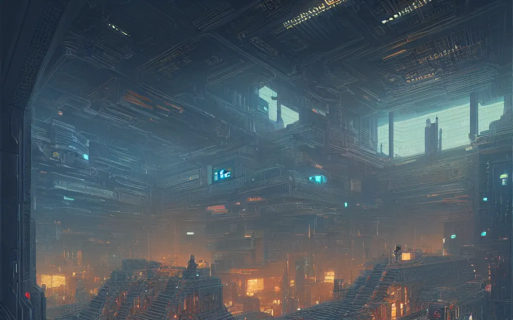 Prompt: futuristic cyberpunk court of law, interior architecture view, beautiful detailed pixelart by albertov, intricate details, beautiful, dithered gradients, volumetric lighting, cgsociety, artstation, smooth, sharp focus, 2 d illustration, by greg rutkowski, amazing art by dan mumford