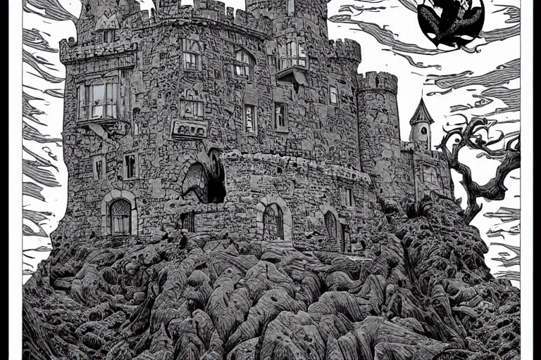 Prompt: an old castle on a seaside cliff by joe fenton and bernie wrightson and, mike allred coloring book like art
