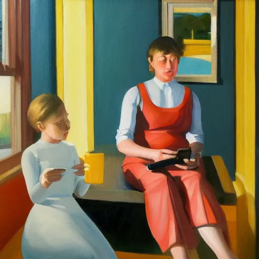 Image similar to a painting of a family sitting at home scrolling on their smartphones in the style of edward hopper