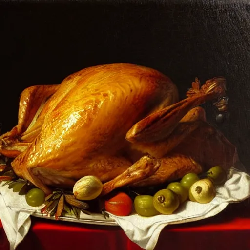 Prompt: roast turkey in still life. dutch masters, 1 8 th century. oil on canvas. juicy, fresh, delicious, mouth - watering