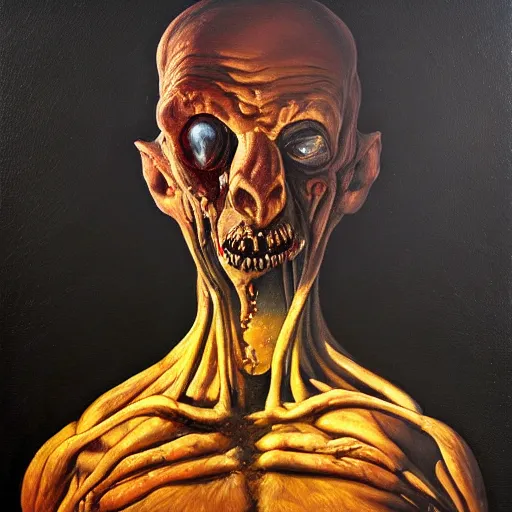 Image similar to oil painting black background extreme chiaroscuro by christian rex van minnen of a portrait of an extremely bizarre disturbing mutated man with proteus syndrome shiny bulbous tumor intense chiaroscuro lighting perfect composition