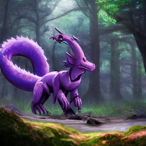 Image similar to concept art painting of an anthropomorphic purple anime furry dragon, in the deep forest, realistic, detailed, cel shaded, in the style of makoto shinkai and greg rutkowski and james gurney