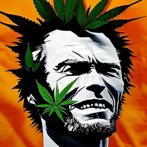 Image similar to clint eastwood portrait made of cannabis, weed art