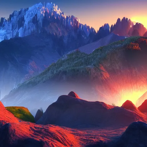 Prompt: fantastic landscape with mountains high resolution beautiful lighting vivid colors unreal engine, 4 k wallpaper