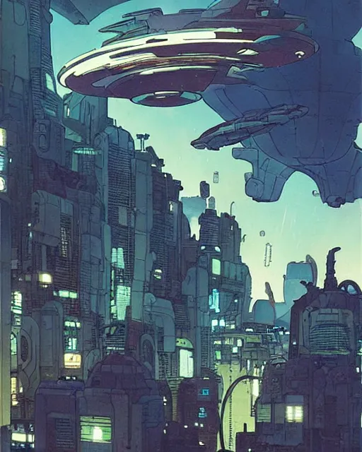 Prompt: a large whimsical spaceship floating above a cyberpunk city, by Mike Mignola, Robbie Trevino, ellen jewett, Yoji Shinkawa