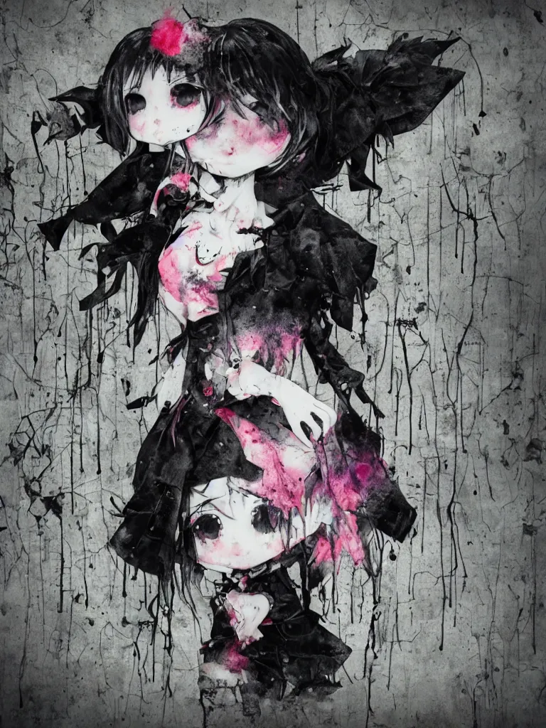 Prompt: cute fumo plush gothic black enigmatic maiden girl painted in spilt ink and washed watercolor, avant garde pop art, graffiti in an abandoned overgrown warehouse, vray