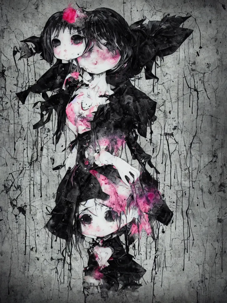 Image similar to cute fumo plush gothic black enigmatic maiden girl painted in spilt ink and washed watercolor, avant garde pop art, graffiti in an abandoned overgrown warehouse, vray