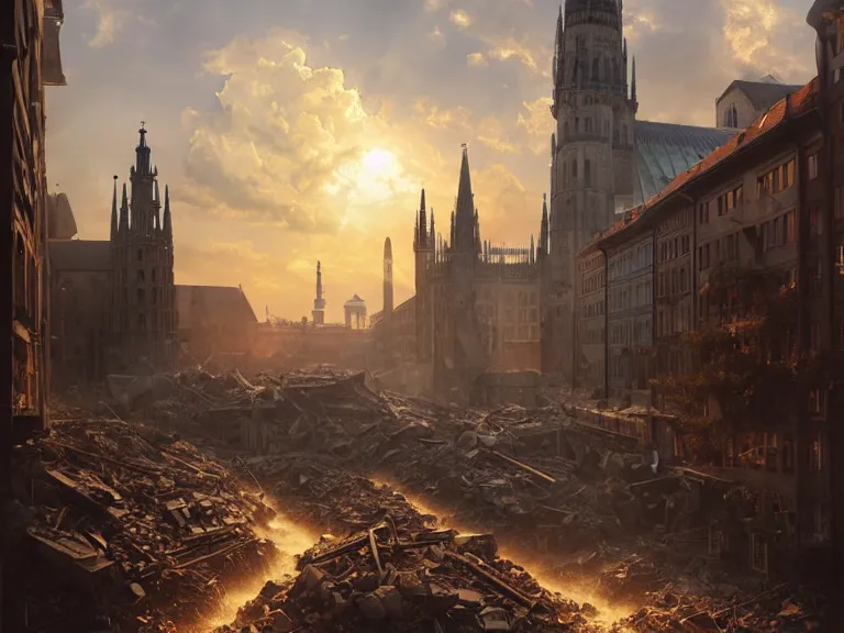 Image similar to , city of munich!!!, multiple nuclear explosions!!!, rubble, hyperrealistic, highly detailed, cinematic, single ray of golden sunlight, beautiful, cgssociety, artstation, 8 k, oil painting by greg rutkowski, by artgerm, by wlop