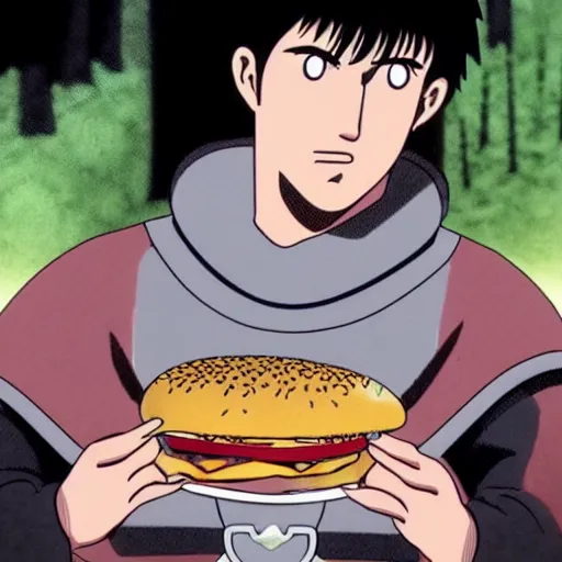 Prompt: guts from berserk eating a hamburger