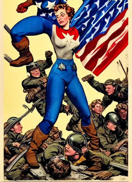 Image similar to 🦸♀ beautiful female captain america standing on a pile of defeated, beaten and broken german soldiers. feminist captain america wins wwii. american wwii propaganda poster by james gurney. gorgeous face. overwatch