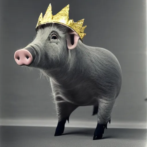 Image similar to studio photograph of a happy pig wearing a gold crown depicted as a muppet, jumping, full body