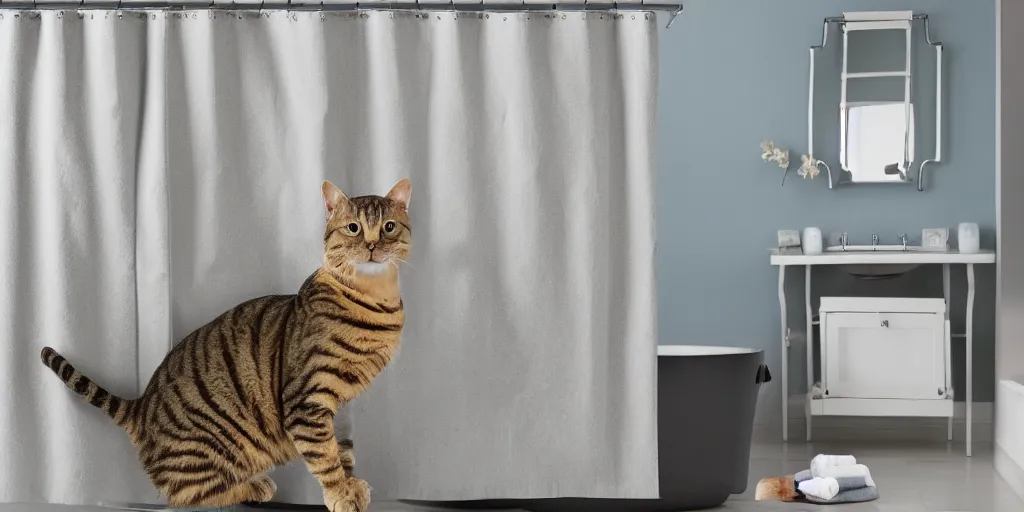 Prompt: shower curtain product catalog. wide - angle photo. on the curtain is a tabby cat wearing a large head towel coming out of a bathtub, product photography of a shower curtain, product lighting. 4 k, highly detailed. saturated.