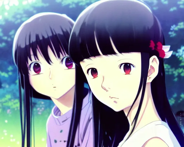 Image similar to beautiful anime girl with long black hair and bangs, beautiful anime guy with black hair, wearing black clothes, siblings, fine details portrait, japense village in background, bokeh. anime masterpiece by Studio Ghibli. illustration, sharp high-quality anime illustration in style of Ghibli, Ilya Kuvshinov, Artgerm