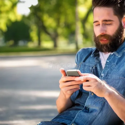 Image similar to 3 0 year old stylish man using smartphone outdoors in the park realistic image, 4 k 3 0 mm photography, stock image