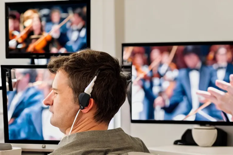 Image similar to a man at his computer wearing earbuds, a symphony orchestra on the screen