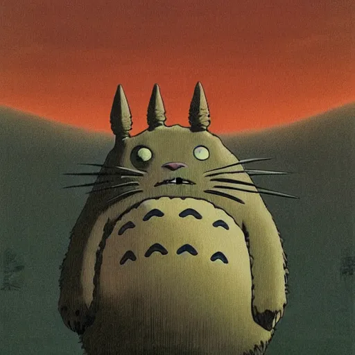 Image similar to Totoro staring, Studio Ghibli, Zdzisław Beksiński