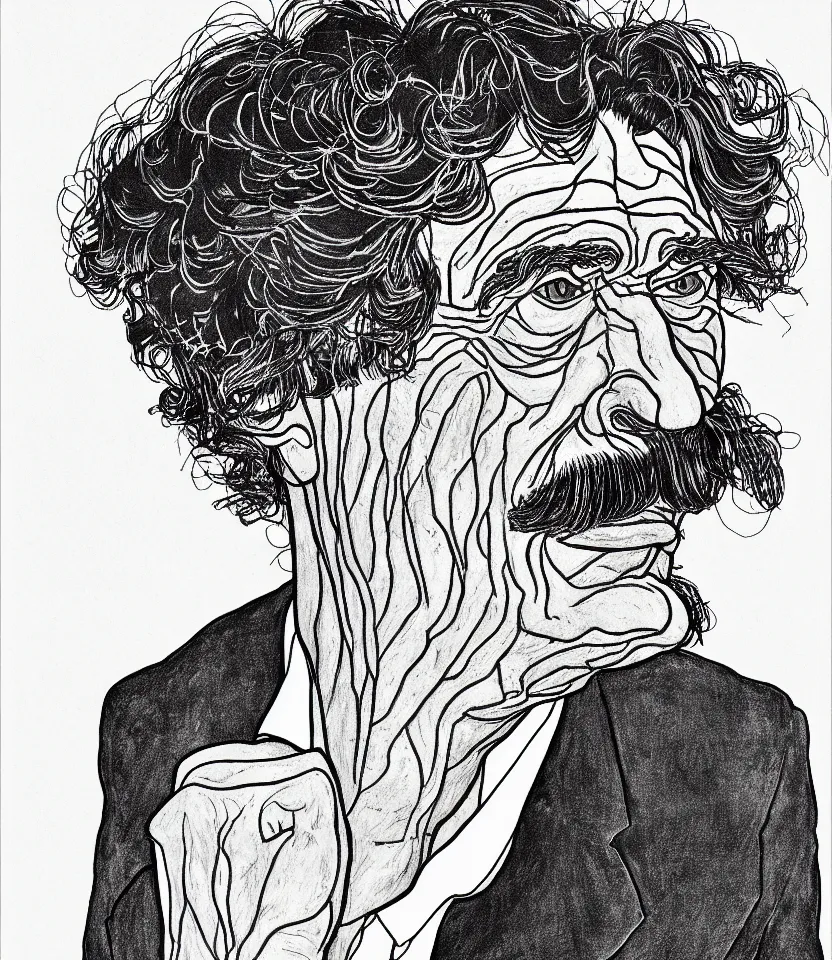 Prompt: detailed line art portrait of albert schweitzer, inspired by egon schiele. caricatural, minimalist, bold contour lines, musicality, soft twirls curls and curves, confident personality, raw emotion