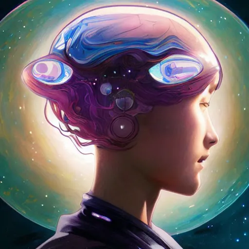 Prompt: Portrait of a girl with the universe in her head, headshot, art by Artgerm, Alphonse Mucha, science fiction, intricate, futuristic, exotic, epic, digital painting, cinematic lighting, sharp, insanely detailed, concept art, artstation, cgsociety
