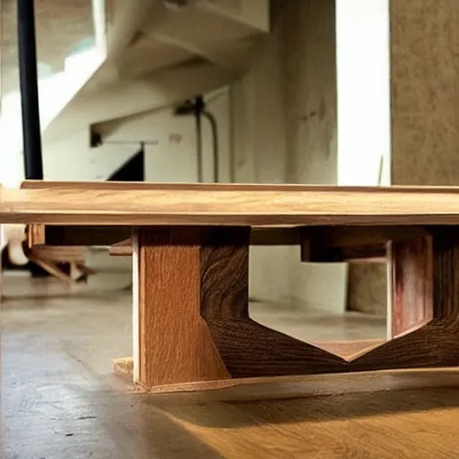 Prompt: an interesting woodwork handcrafted table concept
