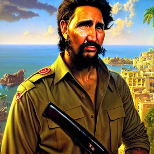 Image similar to epic portrait of justin trudeau as fidel castro havana cuba background detailed digital painting artstation concept art, donato giancola, joseph christian leyendecker, wlop, boris vallejo, breathtaking, high details, extremely detailed, confused face, establishing shot, artistic, hyper realistic, beautiful face, octane render