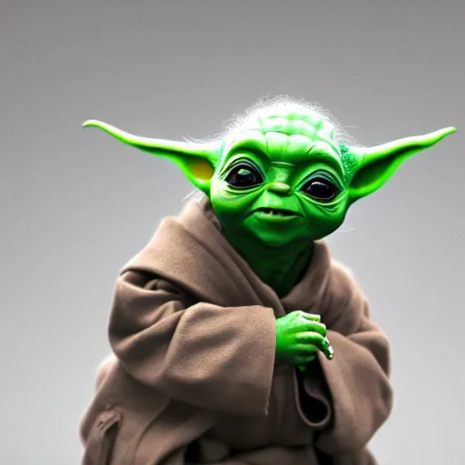 Image similar to full body pose, hyperrealistic photograph of female baby yoda, dim volumetric lighting, 8 k, octane beautifully detailed render, extremely hyper detailed, intricate, epic composition, cinematic lighting, masterpiece, trending on artstation, very very detailed, stunning, hdr, smooth, sharp focus, high resolution, award, winning photo, dslr, 5 0 mm