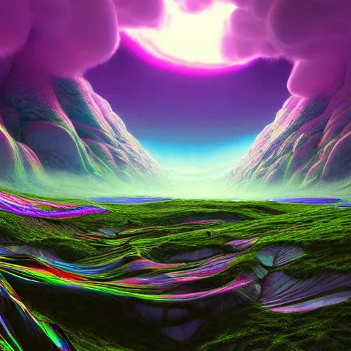 Image similar to a psychedelic realm with rolling plains made out of clouds, mountains made out of icebergs, and plant life made out of cotton candy, in the style of wlop and namek, illustration, epic, fantasy, hyper detailed, smooth, unreal engine, sharp focus, ray tracing
