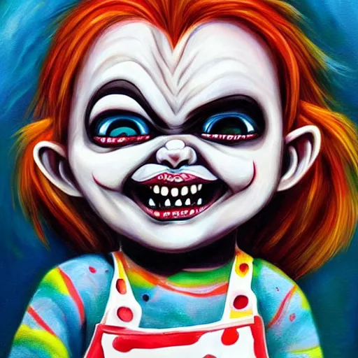 Prompt: painting of chucky by jeremiah ketner | horror themed | creepy