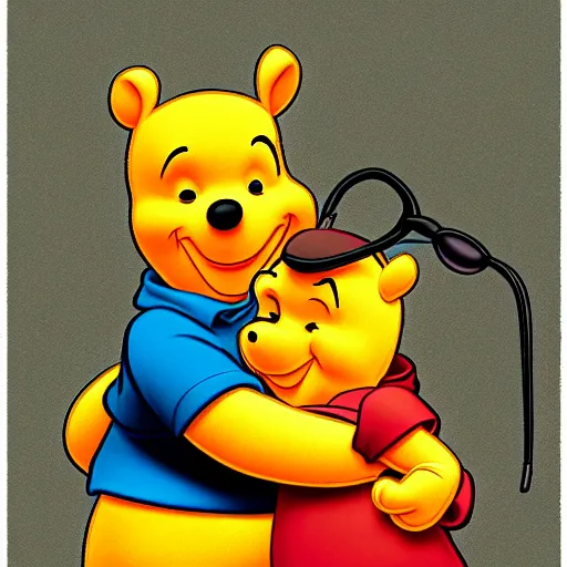 Prompt: winnie the pooh and gordon freeman hug each other after not seeing each other for a long time