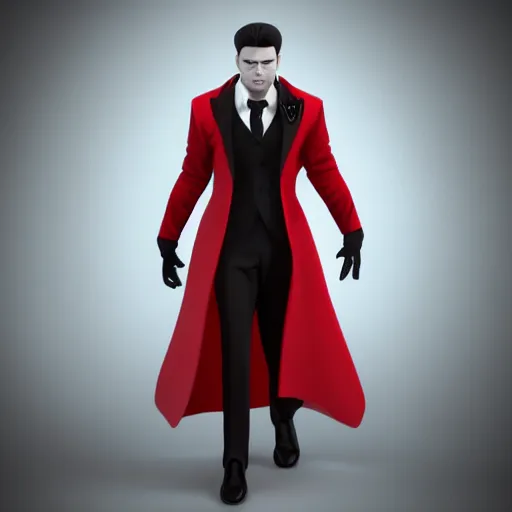 Image similar to a pale vampire, male, mid - 3 0 s, long black hair, clean shaven, dressed formally in red and black, highly detailed, concept art, smooth, sharp focus, unreal engine 5, 8 k.