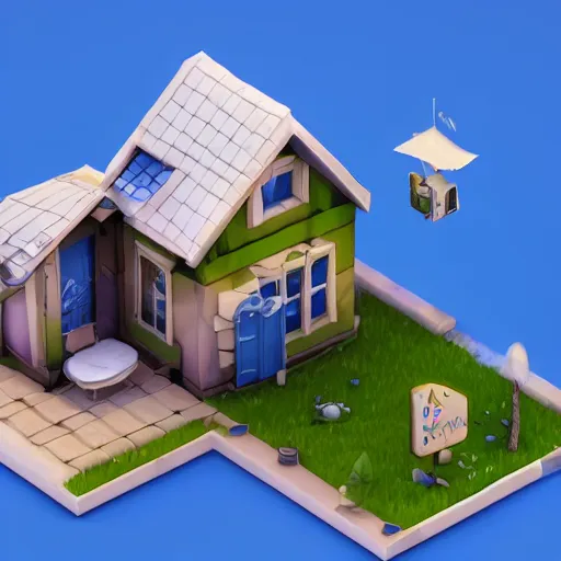 Image similar to cute chubby house, mobile game 3 d render, minimalistic, octane, 1 0 0 mm, depth of field, isometric, blue background