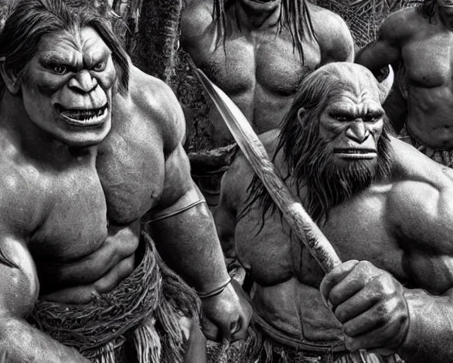 Image similar to hyper realistic group vintage photograph of a live action warcraft orc warrior tribe in the jungle, tall, hulk like physique, detailed faces, tribal paint, tribal armor, grain, old, monochrome, sepia toned, realistic lighting, wide angle