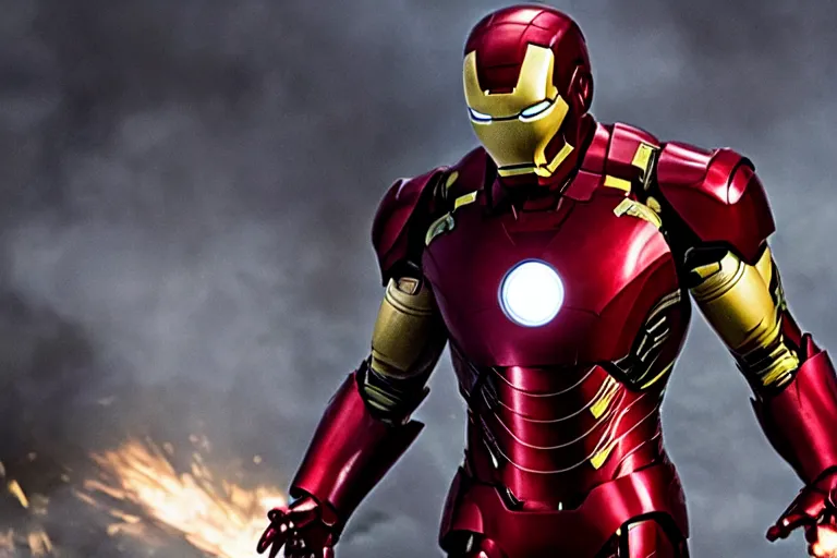 Prompt: Film still of Elon Musk as Iron Man, wearing the Iron Man armour, Marvel Studios