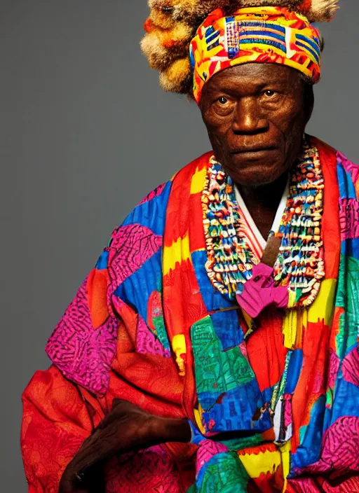 Prompt: analogue photo of an african chief wearing a colourful Japanese Kimono, african facial features, full body shot, rembrandt lighting 35mm, f/1.4, photographed by Martha Cooper,