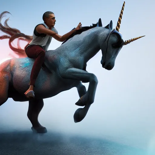 Image similar to obama riding on a unicorn, au naturel, hyper detailed, digital art, trending in artstation, cinematic lighting, studio quality, smooth render, unreal engine, octane rendered, art style,