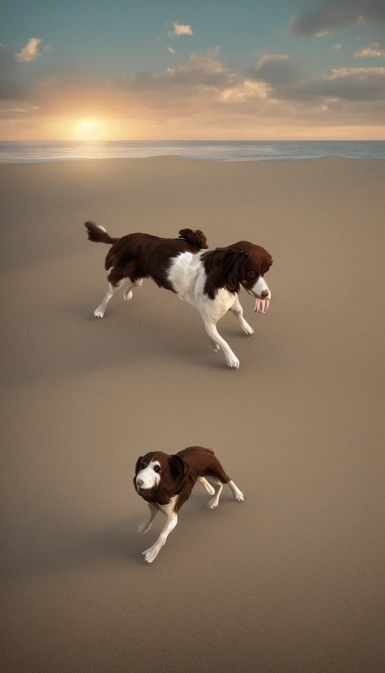 Prompt: a springer spaniel dog running along a beach, beautiful sunny morning, cinematic lighting, sunrise, octane render, photorealistic, fuji velvia, 35mm focal length, trending on artstation