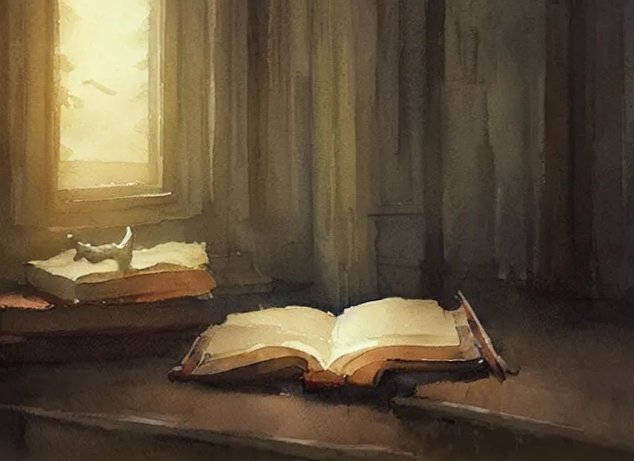 Prompt: watercolor painting of mysterious book, wonderful masterpiece by greg rutkowski, beautiful cinematic light, american romanticism by greg manchess, creation by tyler edlin