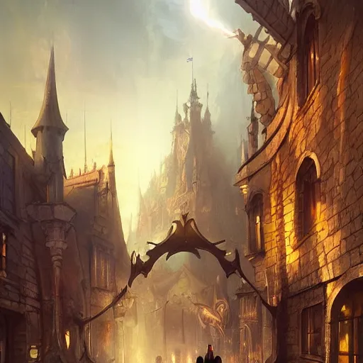 Prompt: street leading to a fantasy castle, dramatic lighting, city background, chiaroscuro, high detail, painted by greg rutkowski, painted by igor kieryluk, painted by bobby chiu, trending on artstation