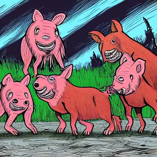 Prompt: digital cartoon illustration of a group of feral hogs by alex pardee, cartoon art, creative design