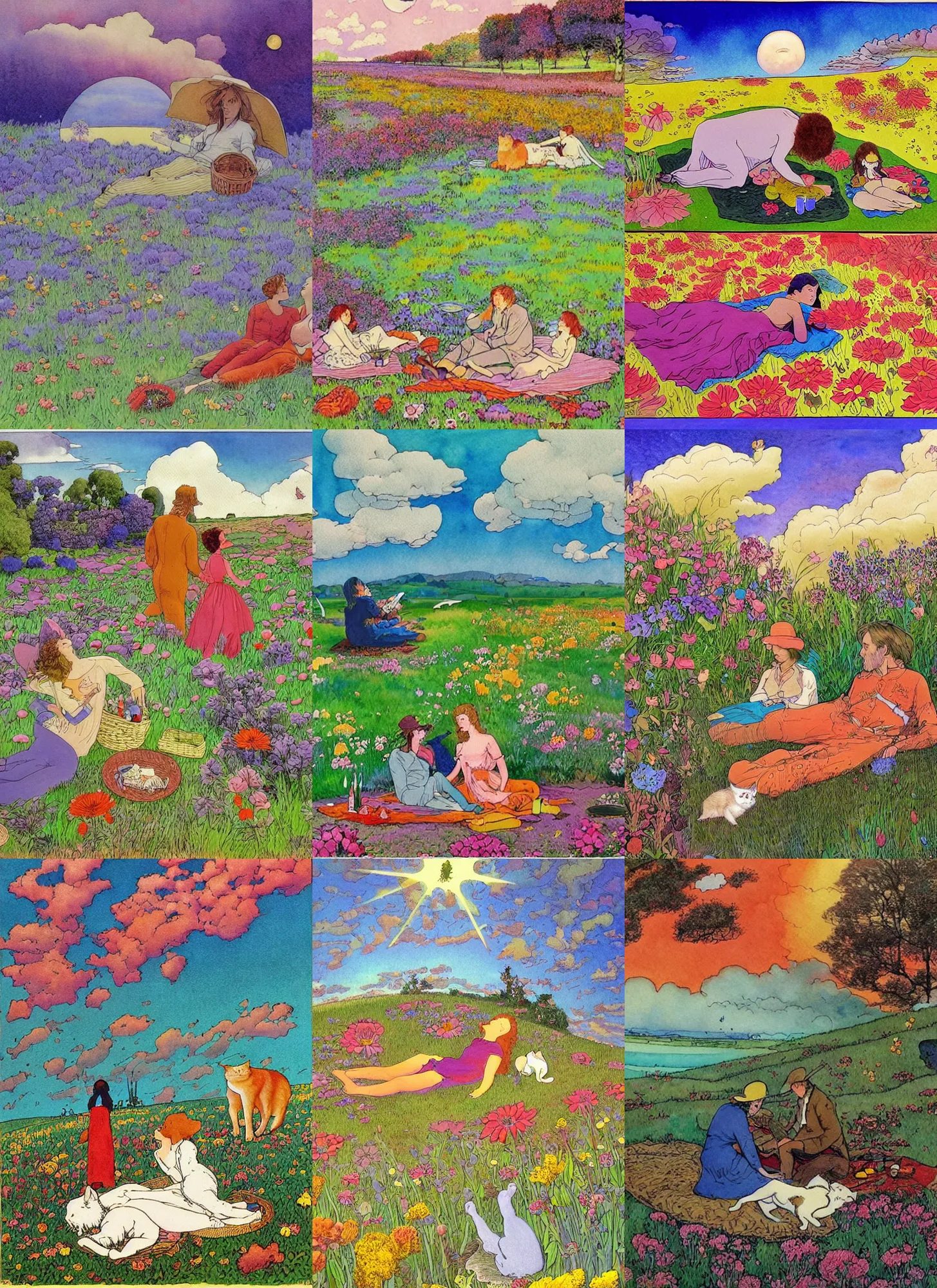 Image similar to late morning picnic scene in nature, a couple in love, fields of colorful flowers, clouds, a sleeping cat, by moebius, by jean henri gaston giraud, by jean gir, in the style of the world of edena by moebius, psychedelic fantasy and surrealism, watercolor with perfect pen outlines