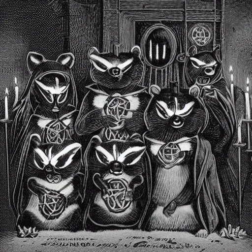 Image similar to vintage professional camera photo, a group of raccoons wearing dark cult robes look towards the camera in surprise and anger as they perform a dark occult evil ceremony inside the secret lair of an underground mystery cult, raccoon evil high priest in ornate robe leads the ritual, dramatic candlelight, pentagrams, ultra - detailed, photorealistic, 4 k