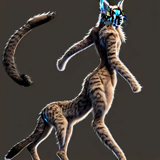 Image similar to the full body of anthropomorphic lynx fursona from behind wearing a steampunk suit as unimaginably beautiful, gorgeous, elegant, young woman with lynx head, an ultrafine hyperdetailed illustration by furaffinity, intricate linework, white fur, unreal engine 5 highly rendered, global illumination, radiant light, detailed and intricate environment