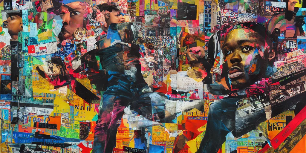 Prompt: memphis hip hop, collage paper and tape, acrylic on canvas, hyperrealism mixed with expressionism, high resolution, cinematic, unreal 6 breathtaking detailed, by blake neubert